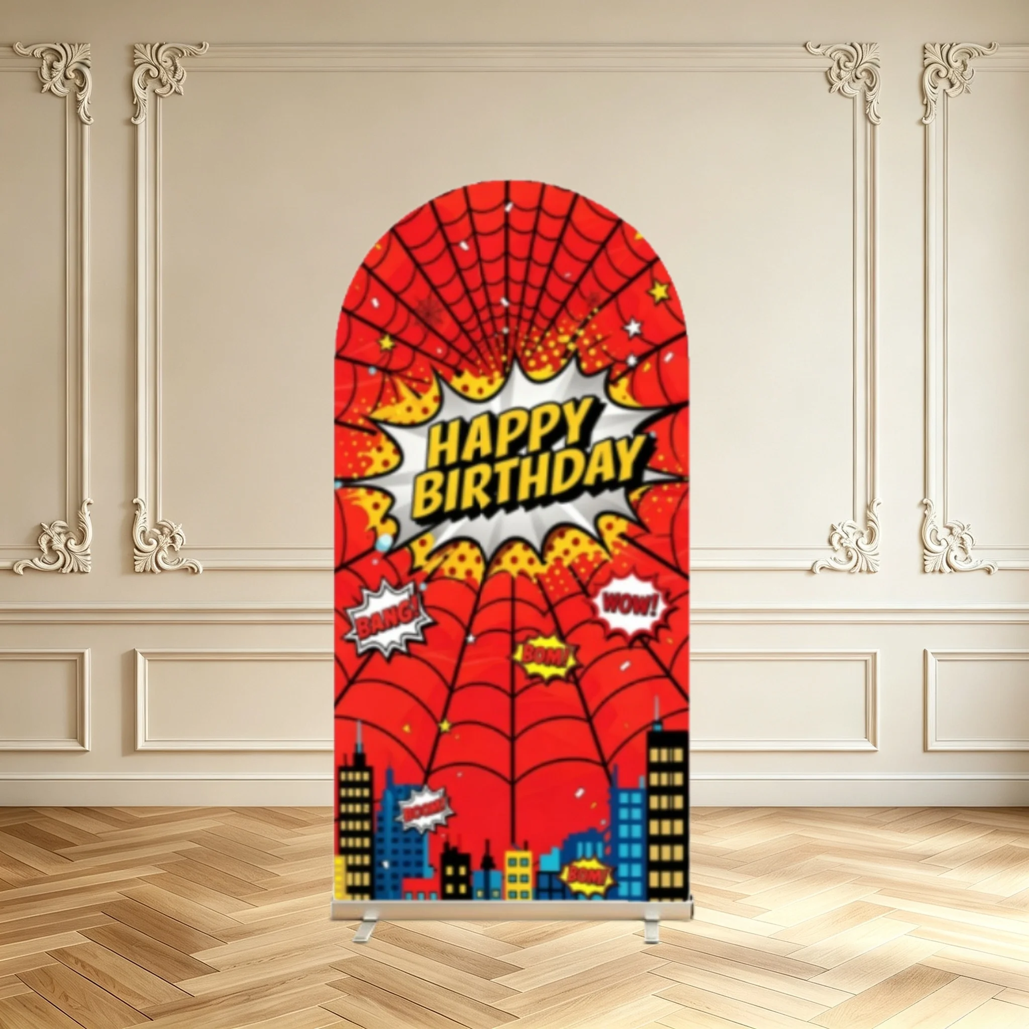Comic Superhero Arch Backdrop Cover Red Spider Web City Skyline Happy Birthday Decoration Double Sided Arch Cover Background