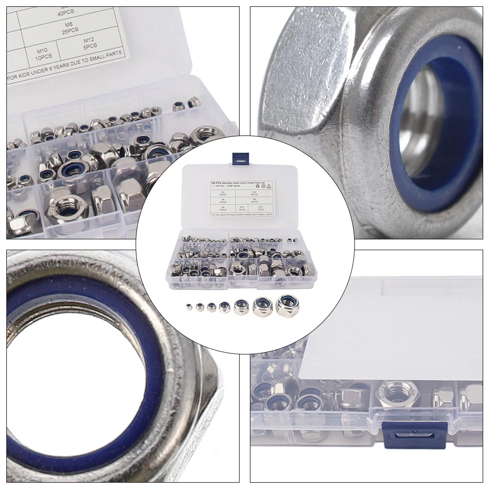 

185Pcs Stainless Steel Lock Nuts Set Hex Flange Nylon Anti-Rust Shockproof Nuts for Machinery Vehicles Equipment Fastening