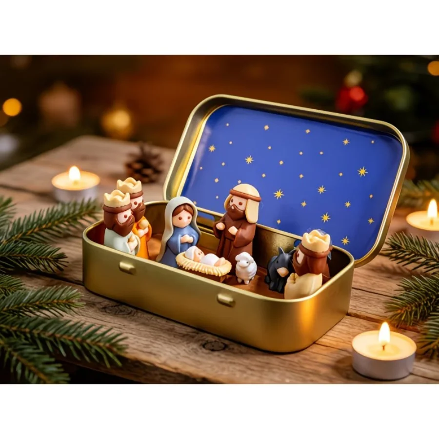 Handmade Miniature Christmas Nativity Scene Set With Tin Box - Portable Pocket-Sized Resin/Fabric Scene, Includes Mary, Jesus, S