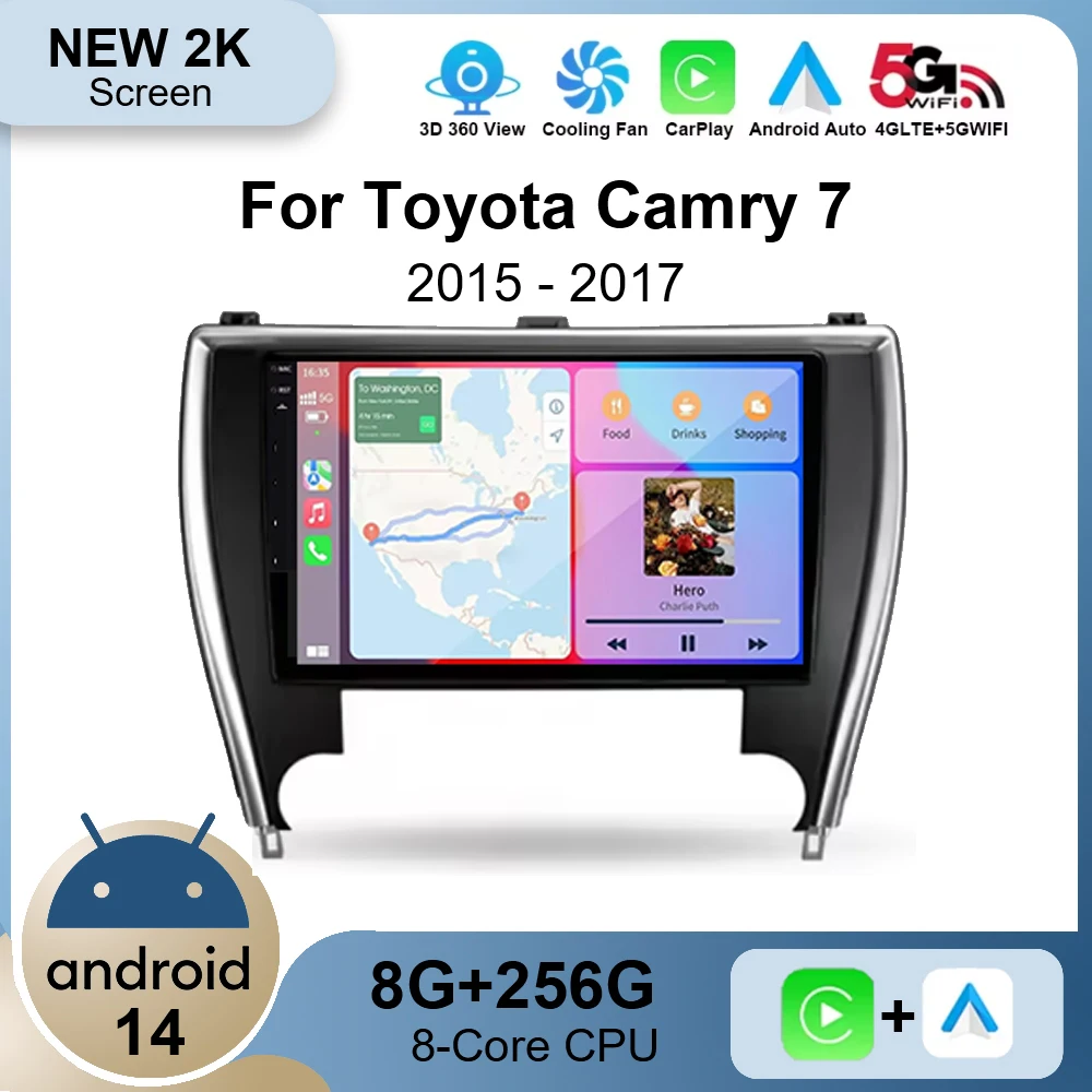 Android 14 Wireless Carplay Auto Car Radio for  Toyota Camry 7 XV 50 55 2014 2015 2016 2017 Multimedia Player 2 Din GPS 4G+WIFI