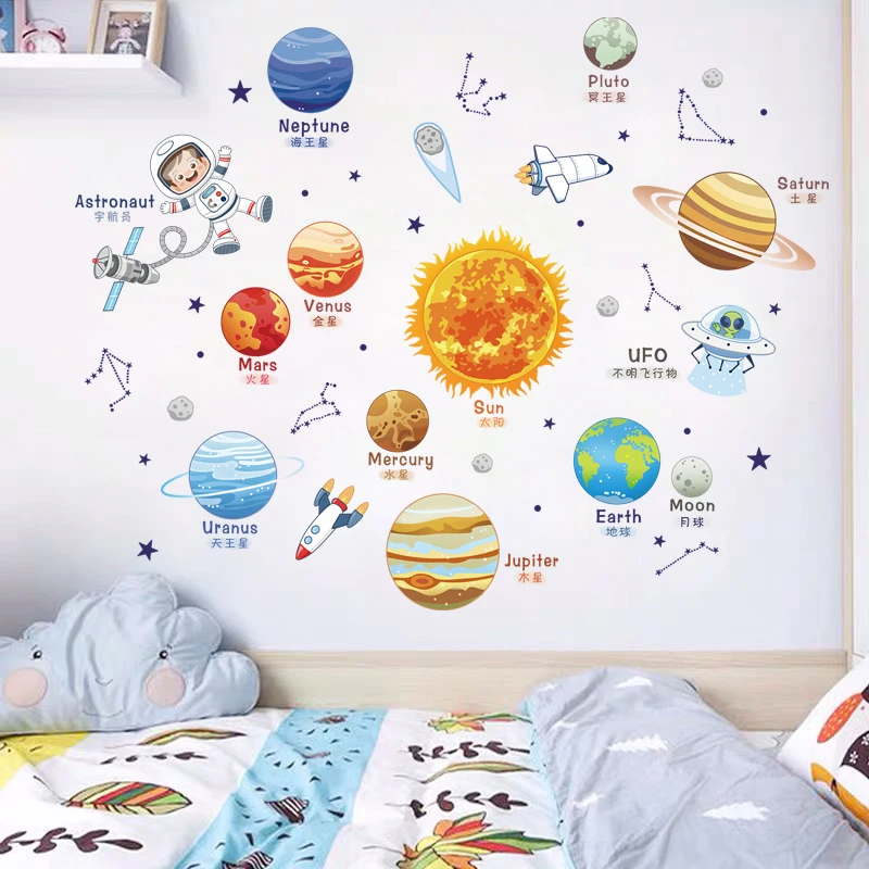 Cartoon Solar System Cosmic Planet Sun Earth Moon Wall Stickers for Kids Room Bedroom Reading Room Wall Decals School Nursery