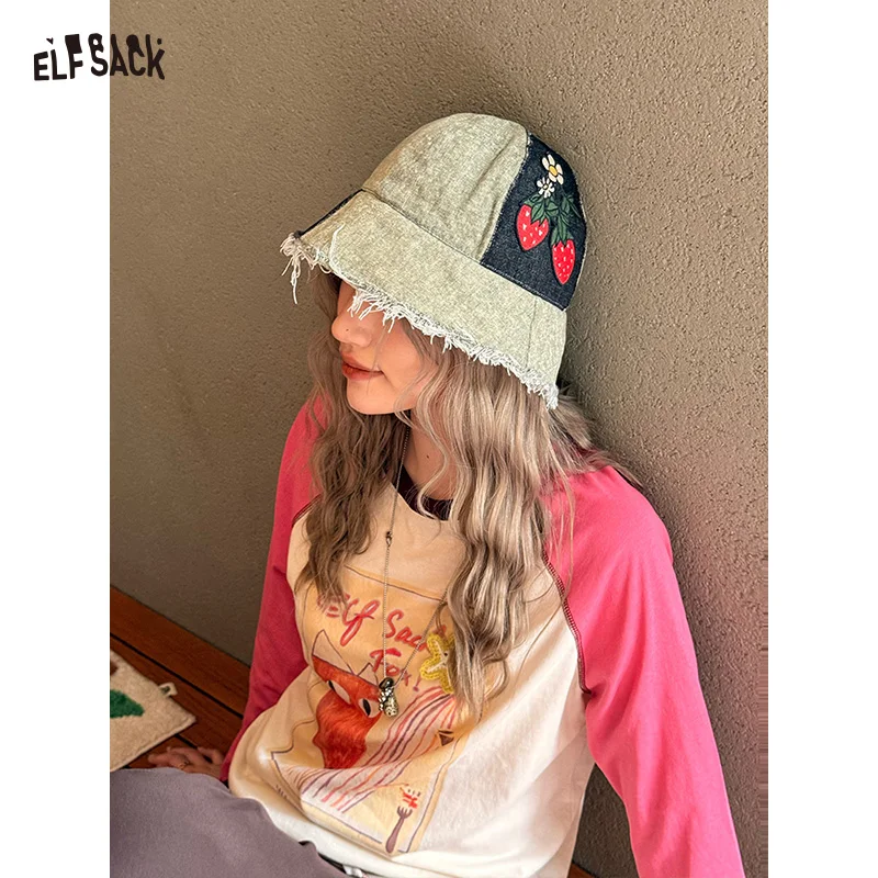 

Джинсовая панама с вышивкой клубники, рваными краями, пэчворком и цветочным узором, из выстиранного хлопка, солнцезащитная