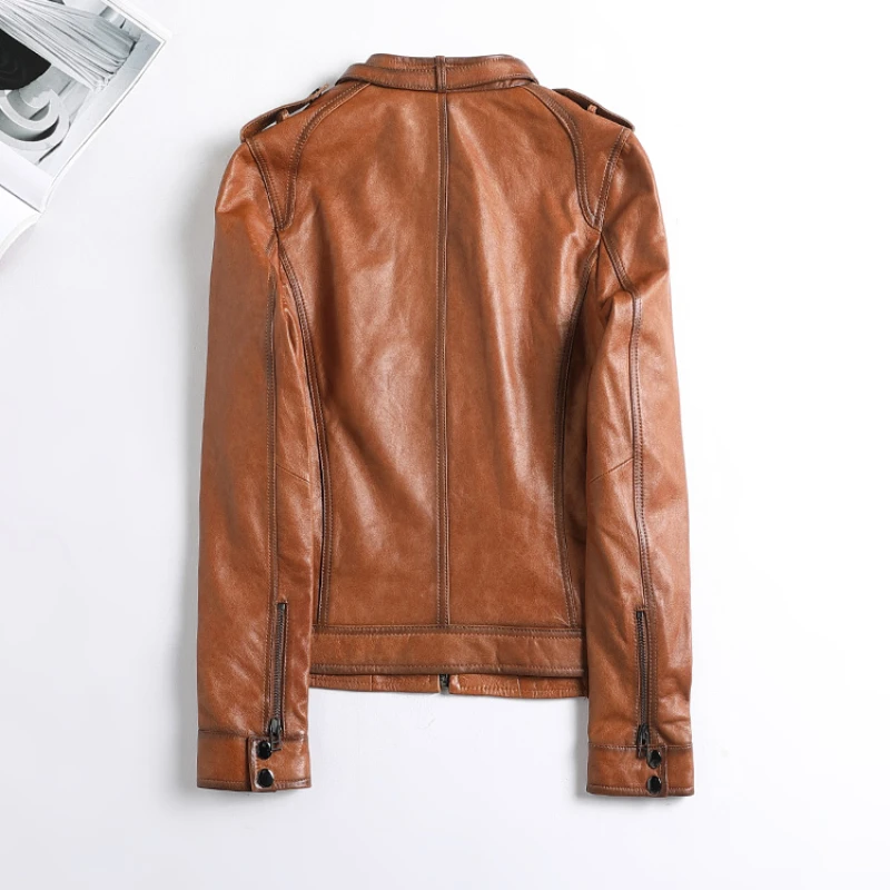 Genuine Leather Motorcycle Jacket Womens Short Spring and Autumn Large Size Leather Coat Woman Real Sheepskin Clothes