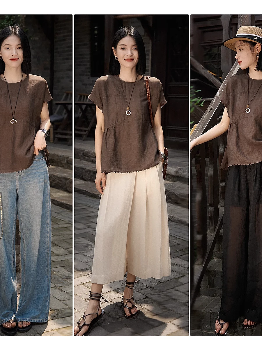 سترة نسائية صيفية جديدة موديل 2025 من القطن والكتان فضفاضة تناسب لون نقي مزخرفة بالدانتيل علوية للتخسيس مقاس كبير #3