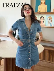 TRAFZA Women's Retro Denim Dress Short Sleeves Lapel With Buttons Slim Solid Elegant Street 2024 Summer Chic Cozy Dresses TRAF