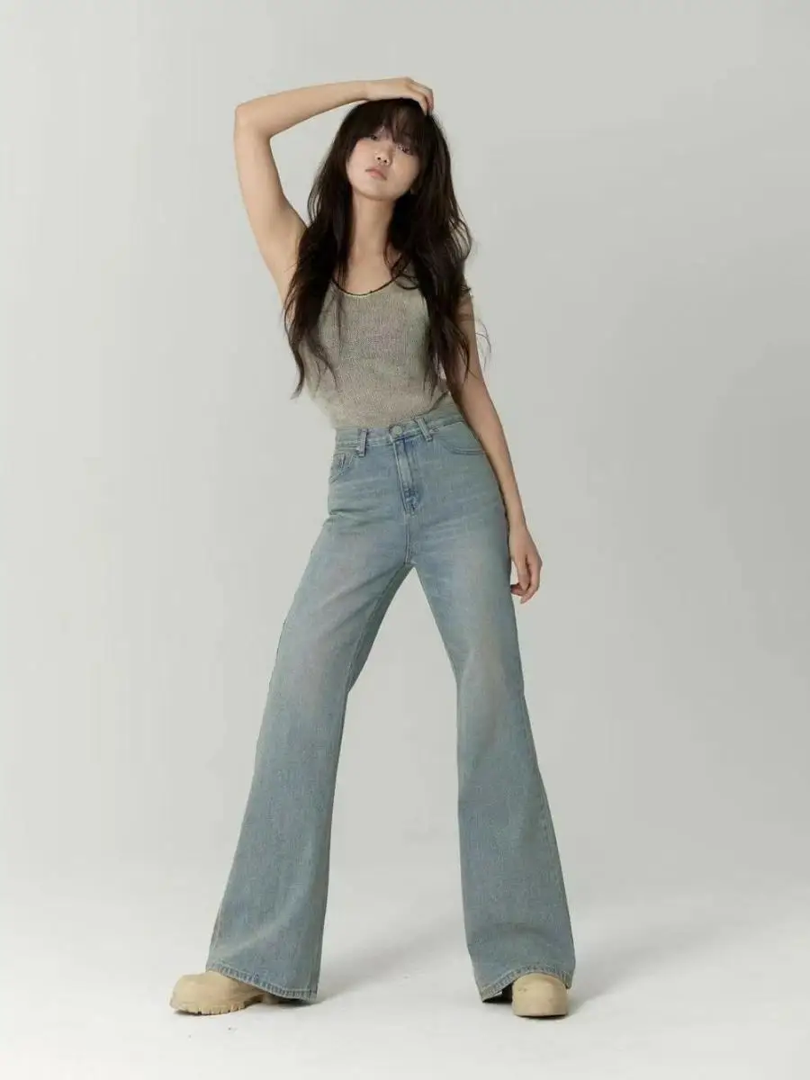 

Spring Dongdaemun High Waist Bell Bottom Denim Jeans Women's Vintage Faded Draped Slimming Long Trousers Korean Style