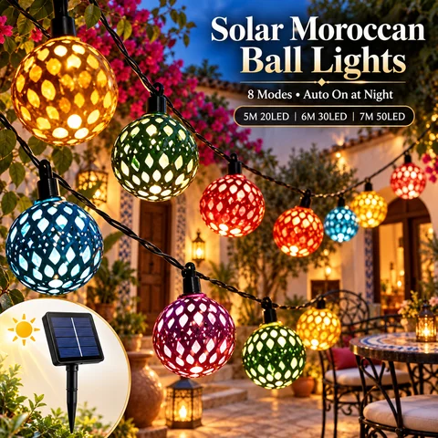 Solar String Lights Moroccan Globe Hollow Ball Fairy Lights Solar Powered 5M/6M 6 Colors for Garden Patio Party Xmas Decor