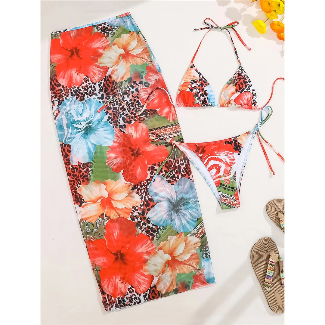 XS - L, mit Rock, Blumenmuster, Bikini, Damen-Badeanzug, dreiteiliges Bikini-Set, Damen-Bademode, Badebekleidung, Badeanzug, Modell V6788. – Detail 19