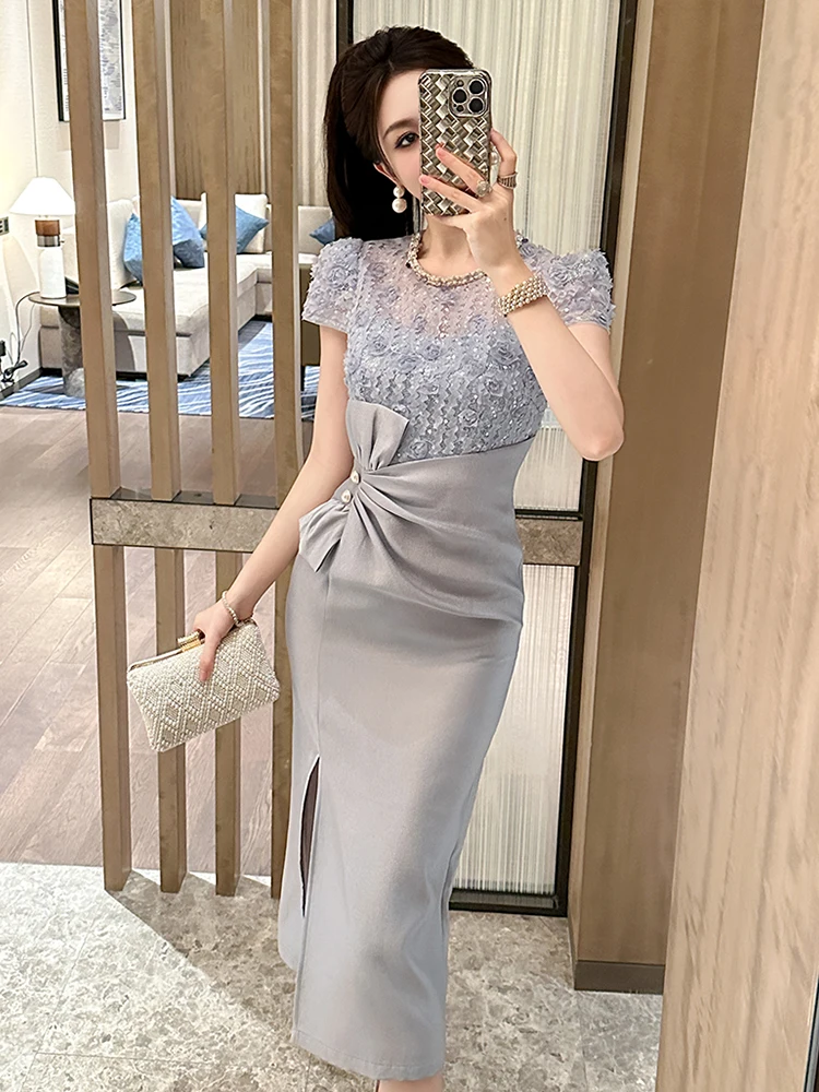 Robe de Banquet française pour femmes, douce, célébrité, dentelle transparente, diamants, paillettes, Robe de bal, nœud pliable, Corset, robes de soirée