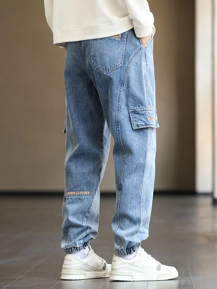 Plus Size Men\'s Cargo Jogger Jeans Hip Hop Streetwear Fake Pockets Stretched Cotton Casual Denim Pants Baggy Jean Trousers 8XL