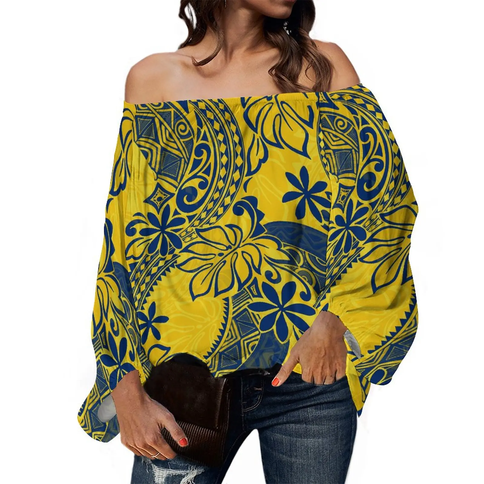 Samoa Island Clothing Custom Women'S Summer One-Line Shoulder Top Soft Fabric Polynesian Floral Print Ethnic Women'S Wear