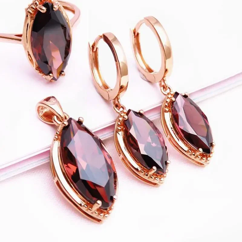 

585 purple gold 14K rose gold inlaid marquise-shaped engagement jewelry set earrings for women light luxury rings necklaces