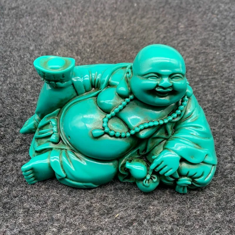 Laughing Maitreya Buddha Statue Imitation Turquoise Finish Reclining Figurine Feng Shui Wealth Home Desktop Decor Ornament