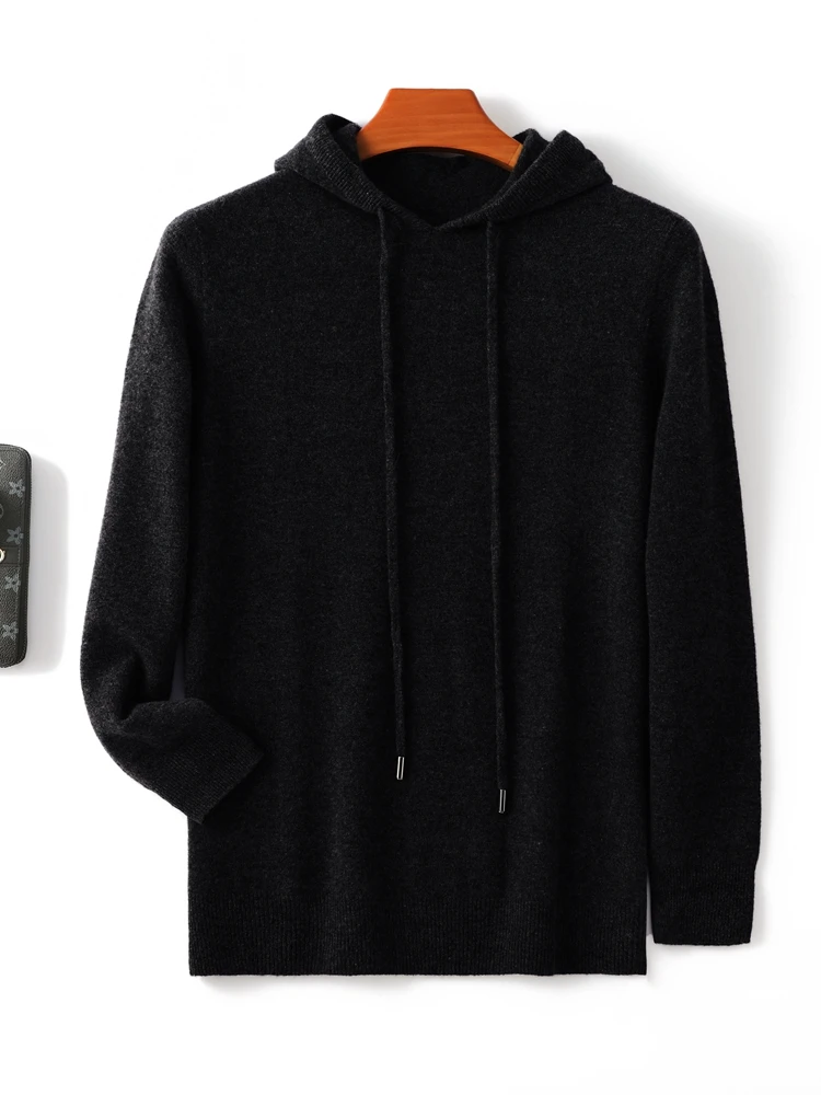 Spring Autumn Men Hooded Pullover Basic Style Cashmere Sweater 100% Merino Wool Knitted Solid Color Warm Casual Knitwear Tops