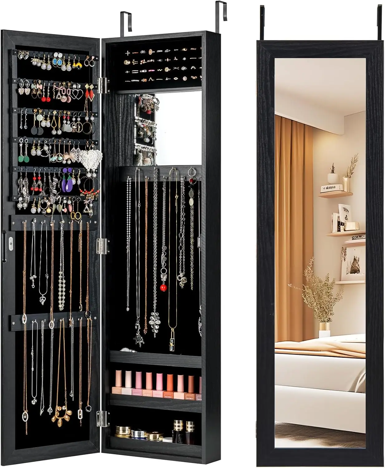 Full Length Mirror Jewelry Cabinet, Ring Slots & Necklace Hooks, Large Storage Jewelry Armoire for Bedroom, Dressing Room(Black)