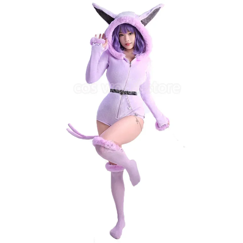 Disfraces de Cosplay de Anime Espeon para mujer, traje Sexy con capucha, calcetines de cola, pijamas de franela de dibujos animados, mono de felpa para chica conejito