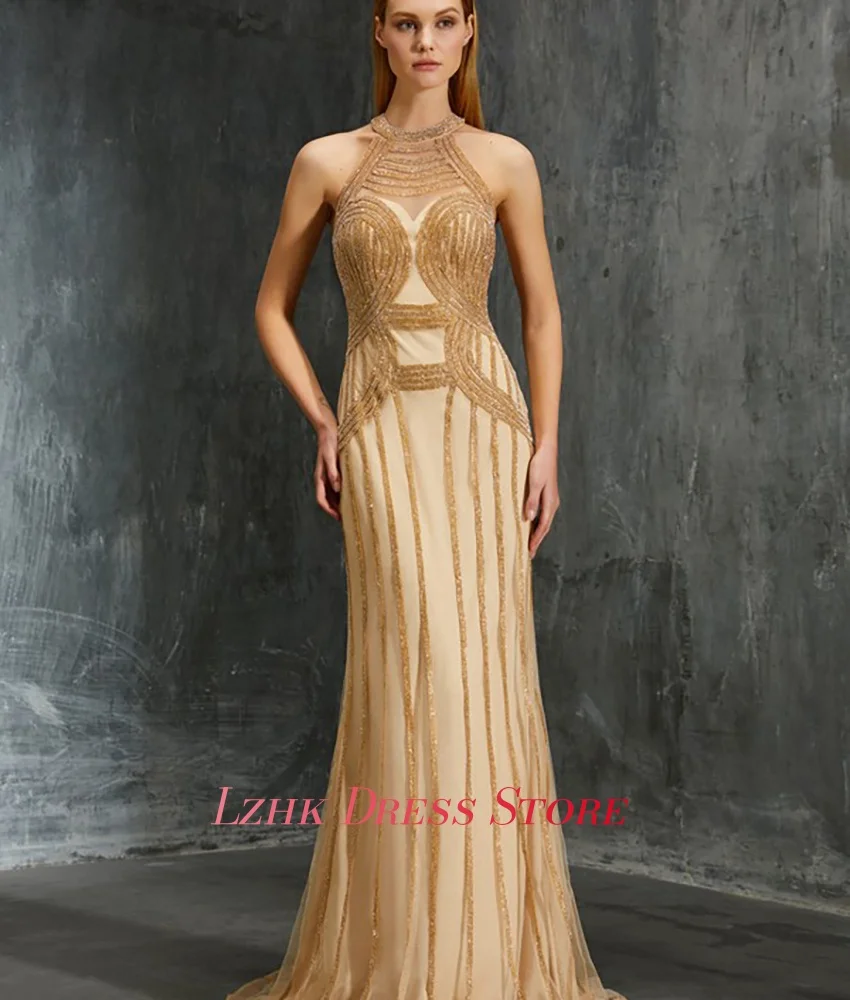Abito da sera con perline con paillettes a sirena in organza sexy personalizzato Abiti da celebrità senza maniche con lunghezza al pavimento di alta qualità