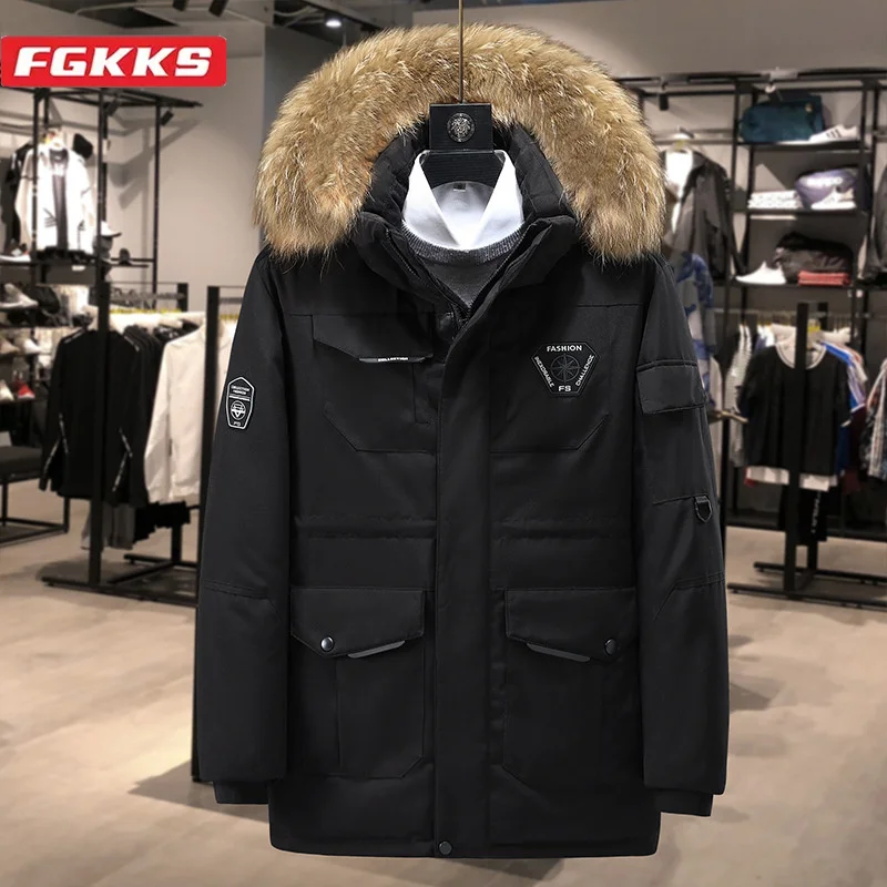 FGKKS 2024 Outdoor Casual Down Jacket Dla Mężczyzn Ciepły Slim-Fit Hooded Coat Wysokiej Jakości Design Street Down Jacket Dla Mężczyzn