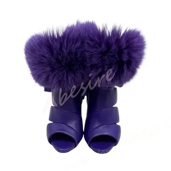 女士紫色露趾毛絨高跟鞋夏季細高跟側拉鍊踝部繫帶短靴性感夜店派對女鞋 8 最佳銷售 毛茸茸的高跟鞋 - №3
