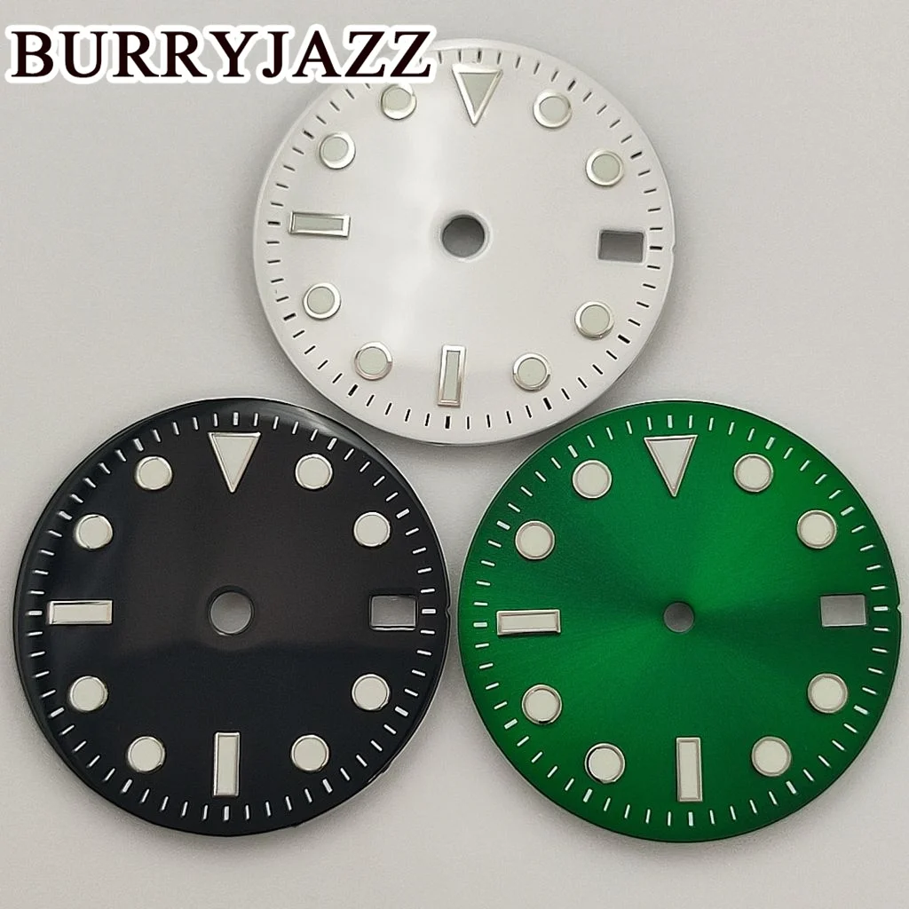 BURRYJAZZ 28.5mmNo Logo NH35 Watch Dials Black Blue Silver Green Orange Dial Green Luminous Fit 3 O\'clock 3.8 O\'clock Case Crown