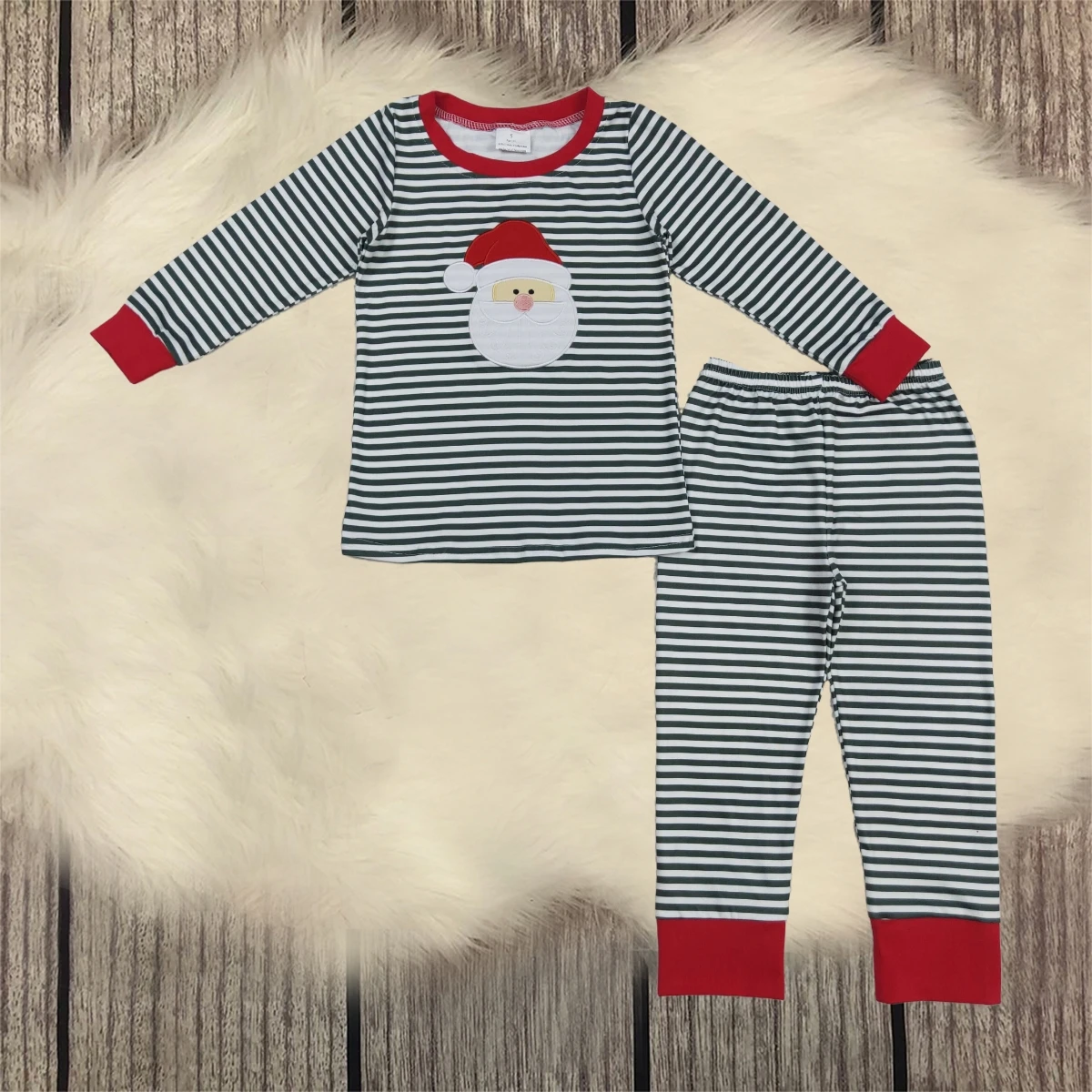 

Kids Toddler Christmas Outfit Children Embroidery Set Long Sleeves Stripes Santa Shirt Cotton Pants Baby Boy Pajamas Wholesale