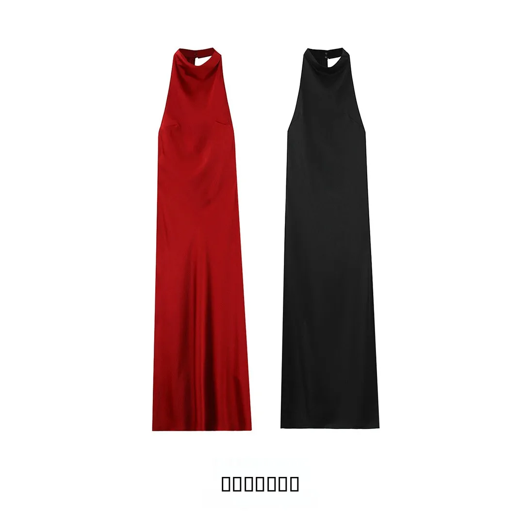 KASLEAD New Faionable Silk Satin Long Dr Hanging Collar Women's High Waist Fairy Skirt Sle No Sve Slim Fit Dr