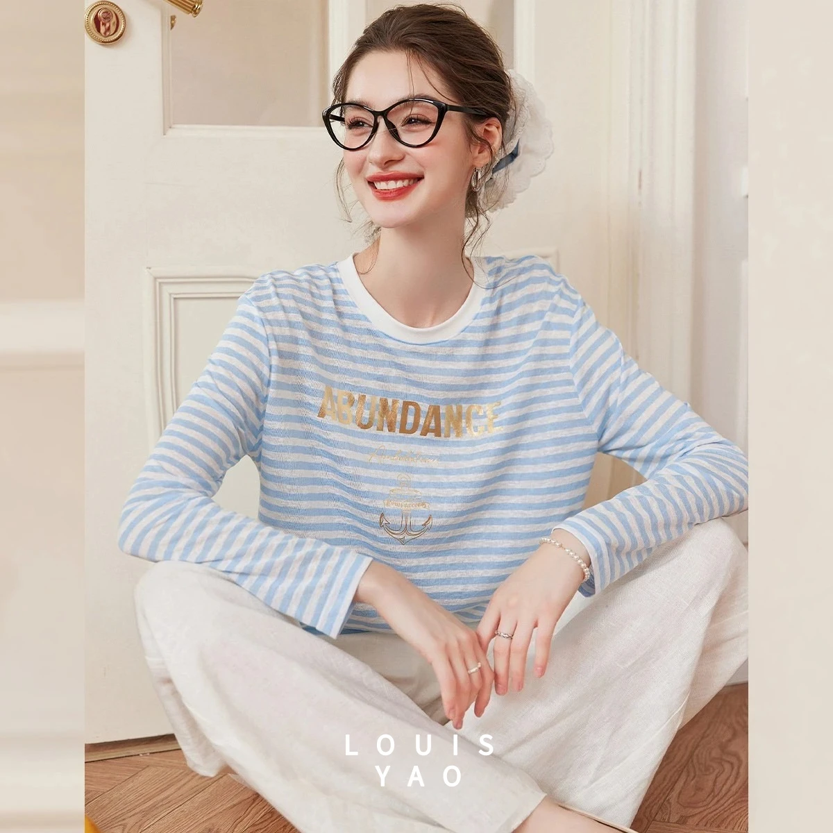 

LOUISYAO Striped Print Sweet T-Shirt 2025 Autumn Contrast Colors Women's Tees Slightly Stretch Crew Long Sleeve Top