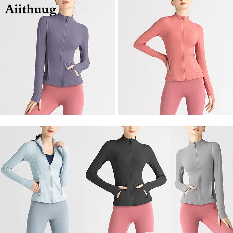 Aiithuug Women’s Slim Fit Lightweight Full Zip Up Yoga Workout Jacket Athletic Running Sports Track Jacket with Pockets Thumb