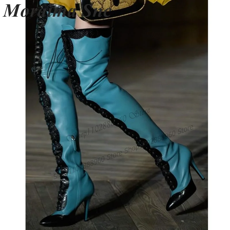 Over The Knee Blue Cross-Tied Leather Boots Stilettos High Heel Shoes For Women Side Zipper Pointed Toe 2023 Zapatos Para Mujere