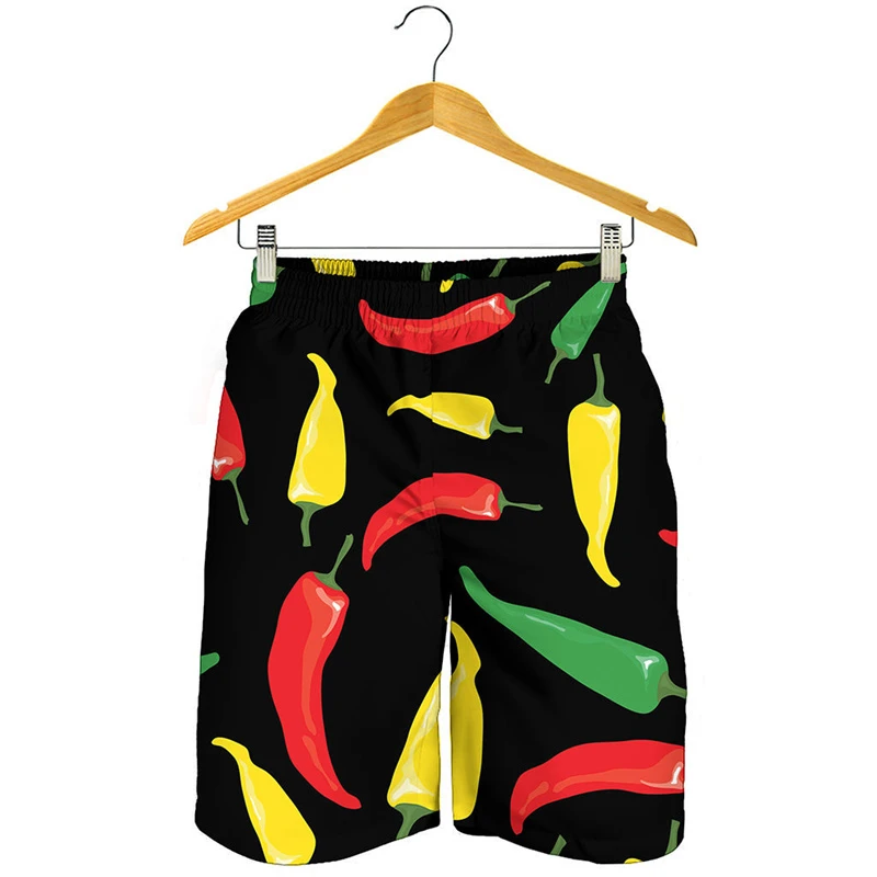 

Funny 3d Printed Chili Pants For Men Fashion Green Red Color Beach Shorts Outdoor Street Loose Striped Design Swim Trunks