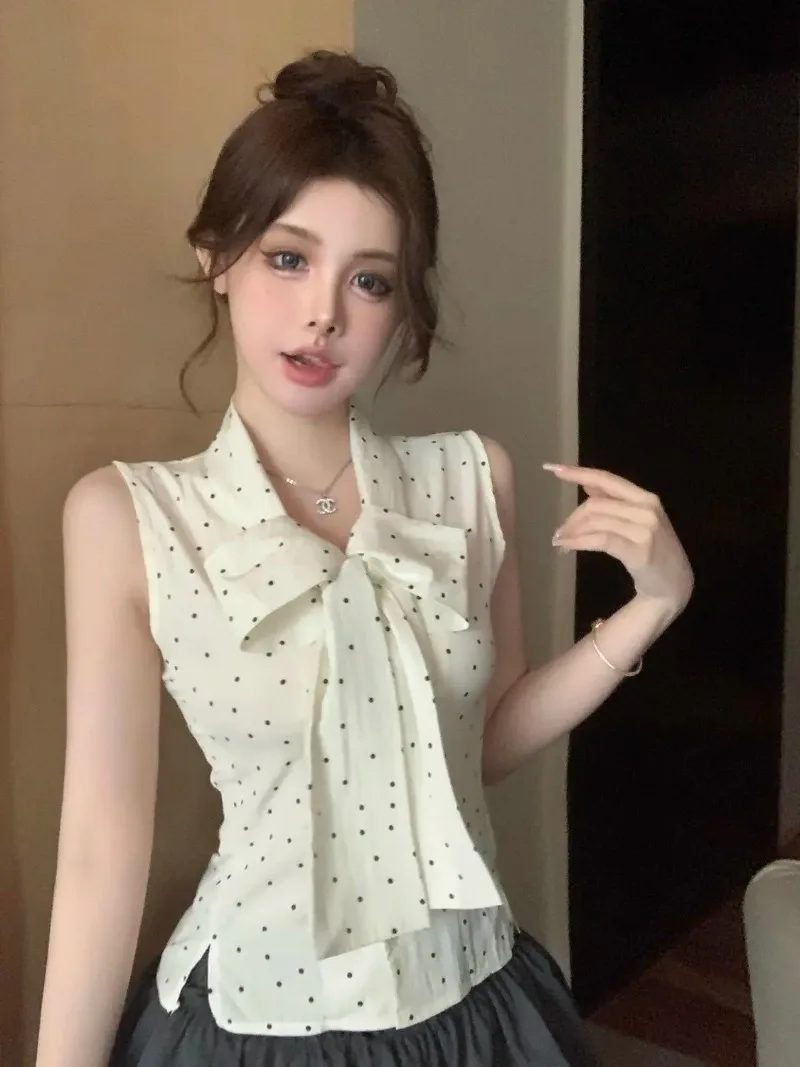

Unique Women's Summer Shirt Knot Polka Dot Design Blouse Sensation Small Sweet And Spicy Sleeveless Vest Top Female