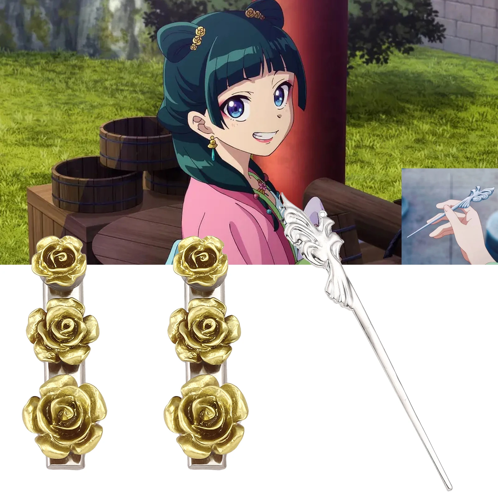 The Apothecary Diaries Cute MaoMao Hair Clip Gold Rose Hair Accessory Love Token Hairpin Anime Cosplay Props Hair Decorate Gift