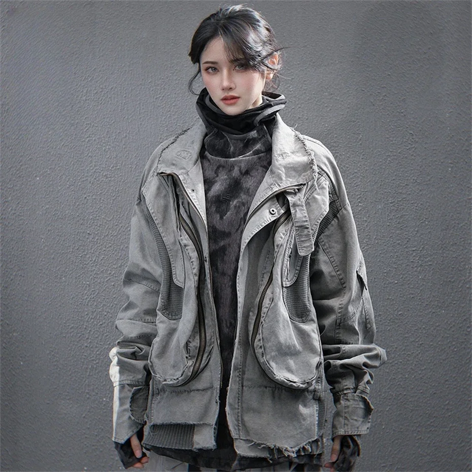 Techwear-女性用タクティカルボンバージャケット,カーゴジャケット,ポケット付きカジュアルコート,特大ストリートウェア,原宿服,春,2022