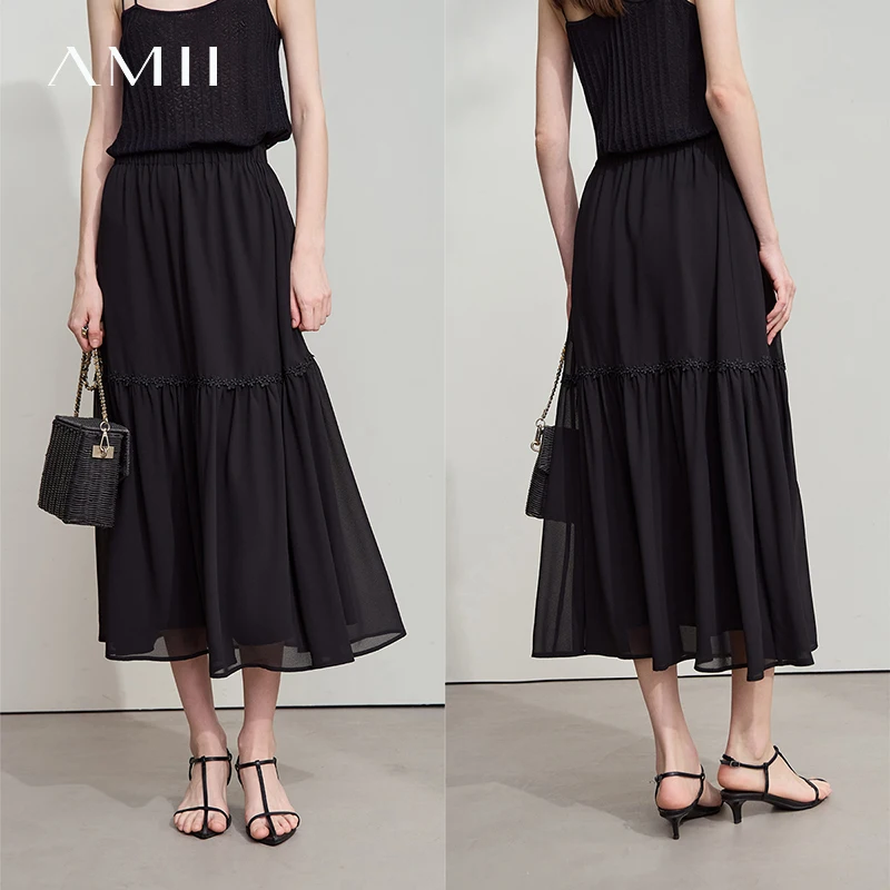 

Amii Minimalist Loose Thin Chiffon Skirt 2025 Summer New Office Elegance Lace A-Line Midi Skirt Female Black Skirt 12542287