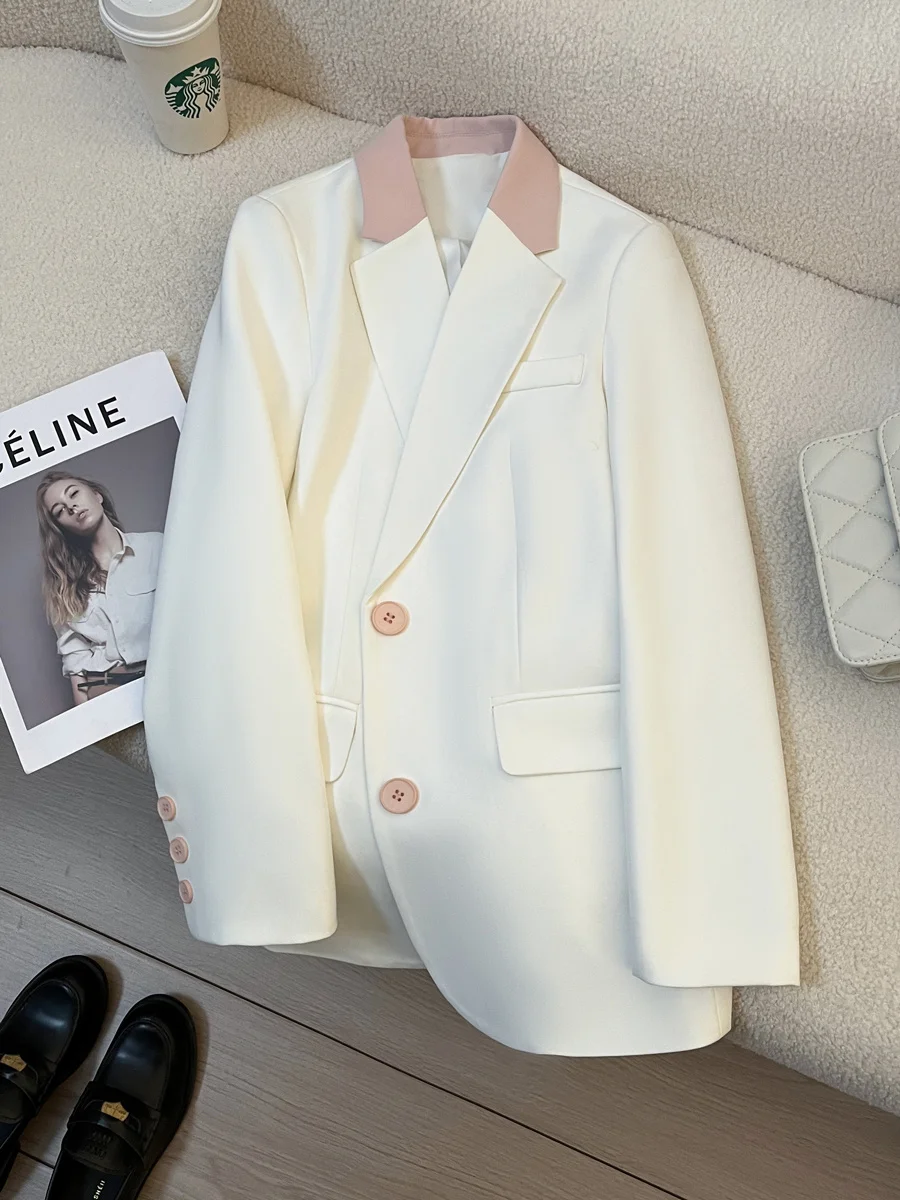 Popularne koreańskie ubrania w stylu old money, czarna marynarka damska, płaszcz damski, uniwersalny biały krótki rękaw, europejsko-amerykański, prosty.