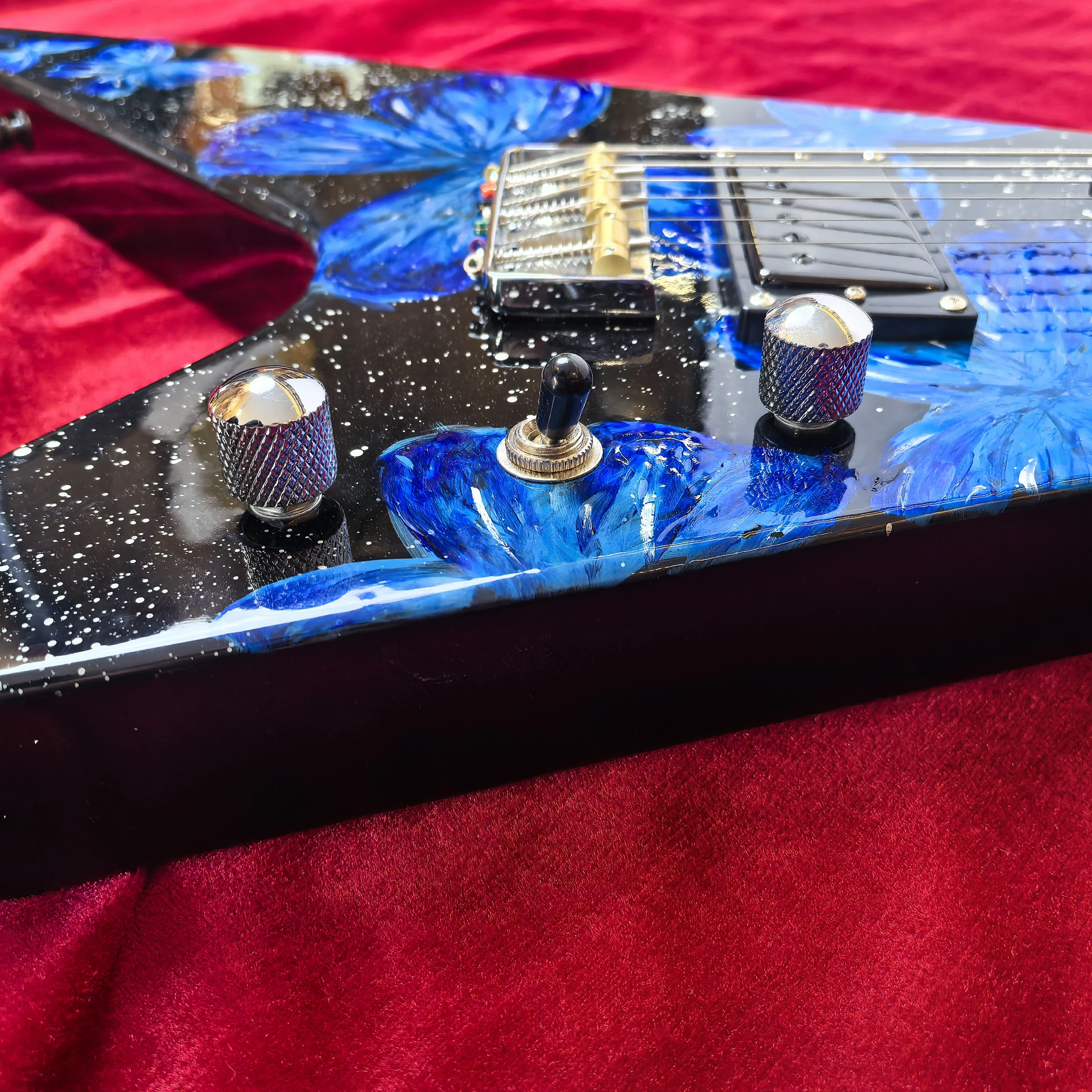 V Shape 6 String Electric Guitar, Blue Butterfly Artwork, High Gloss Solid Wood Guitar for Rock Metal