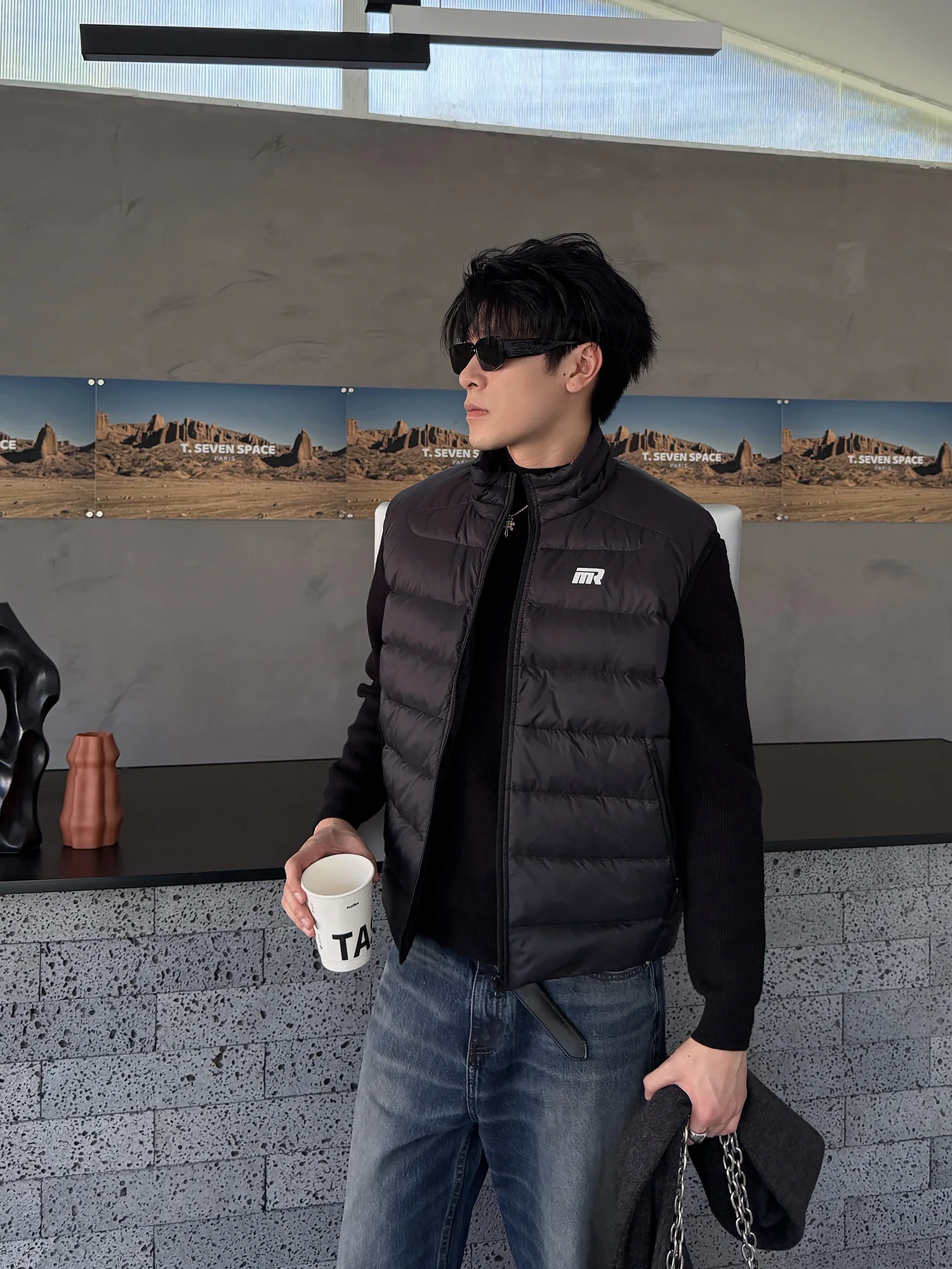 

Warmth Thiened Lightweight American Retro Ribbone Pattern down Jaet Men Casual Versatile Stand Collar Zipper Closure Vest