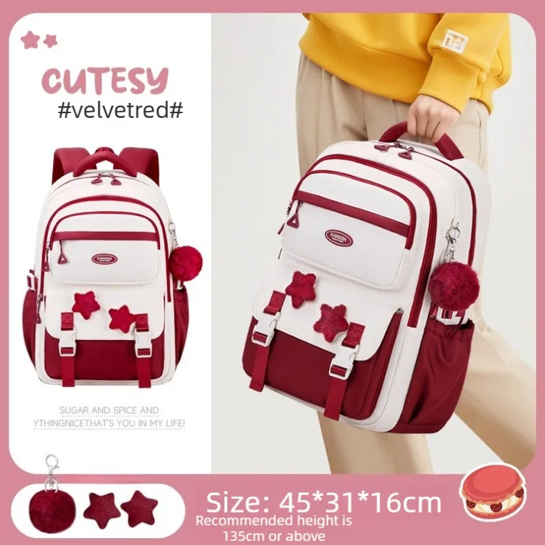 Primary Middle School Backpack for Girls Cute Backpack for School Pink School Bag for Teen Girls with Star Pins Furry Pendant