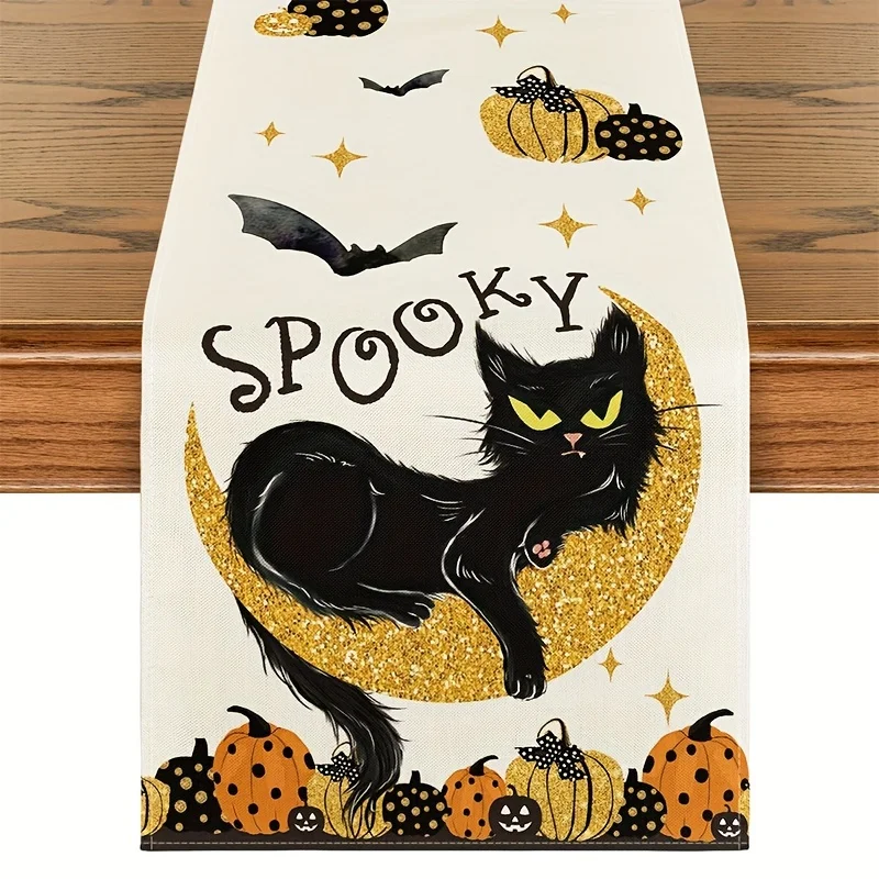 Spooky Halloween Table Runner with Black Cat, Pumpkins Moonlit Kitchen Dining Decor for Home Parties, Seasonal Table Decoration