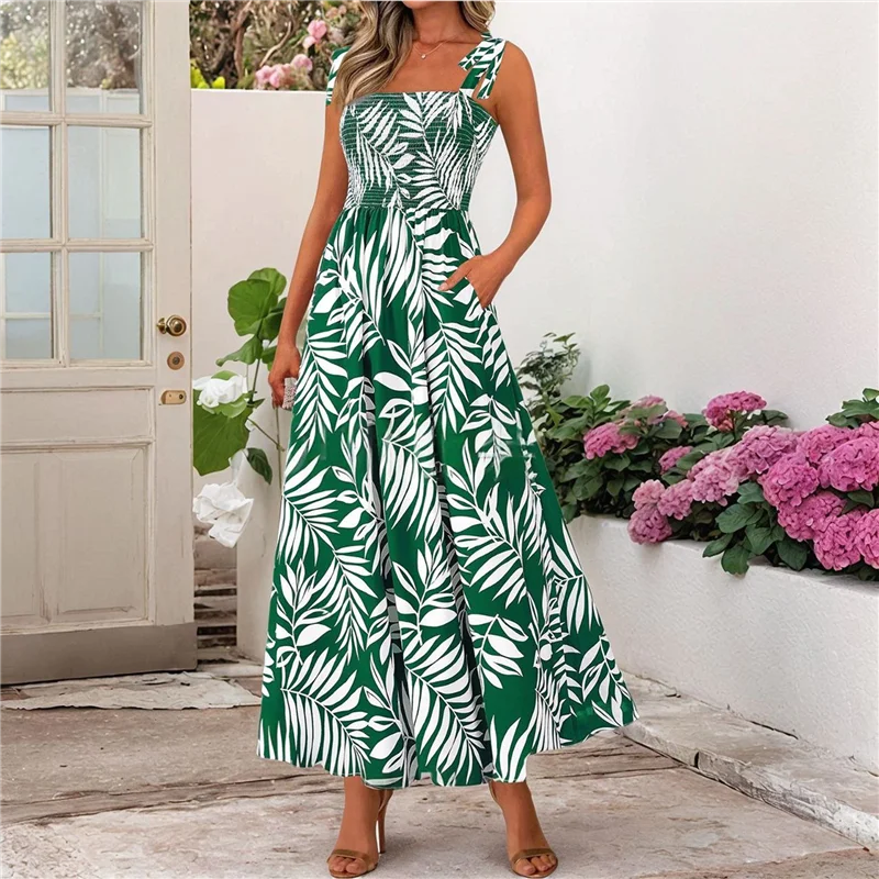 A83F-Womens Summer Dresses Floral Sleeveless Smocked Maxi Dress Boho Spaghetti Strap A Line Flowy Beach Long Sundress