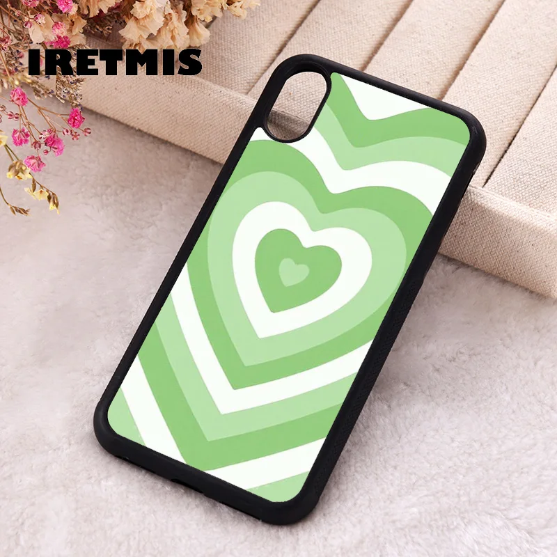 Iretmis Phone Cover Case For iPhone X XS Max XR 11 12 13 PRO MINI 14 15 16 Plus Rubber Silicone Green Illusion Hearts