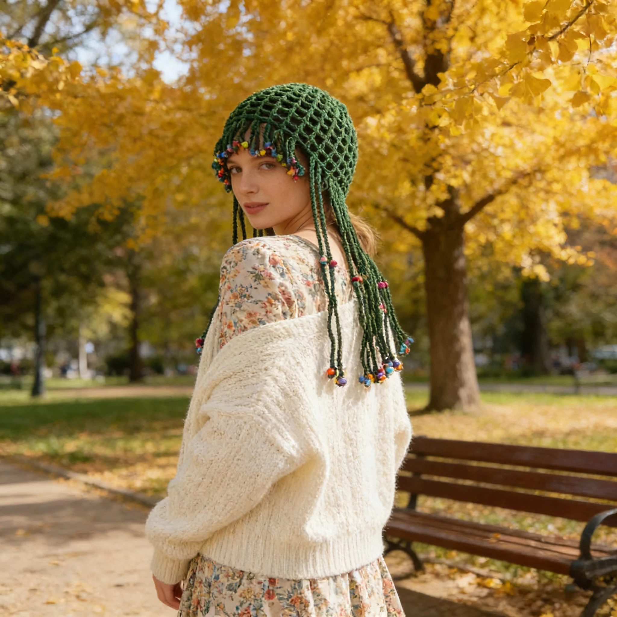 

1pc，Bohemian Long Tassel Headscarf Hat - Elastic Turban Cap with Beaded Decor for Daily & Travel Outfits.