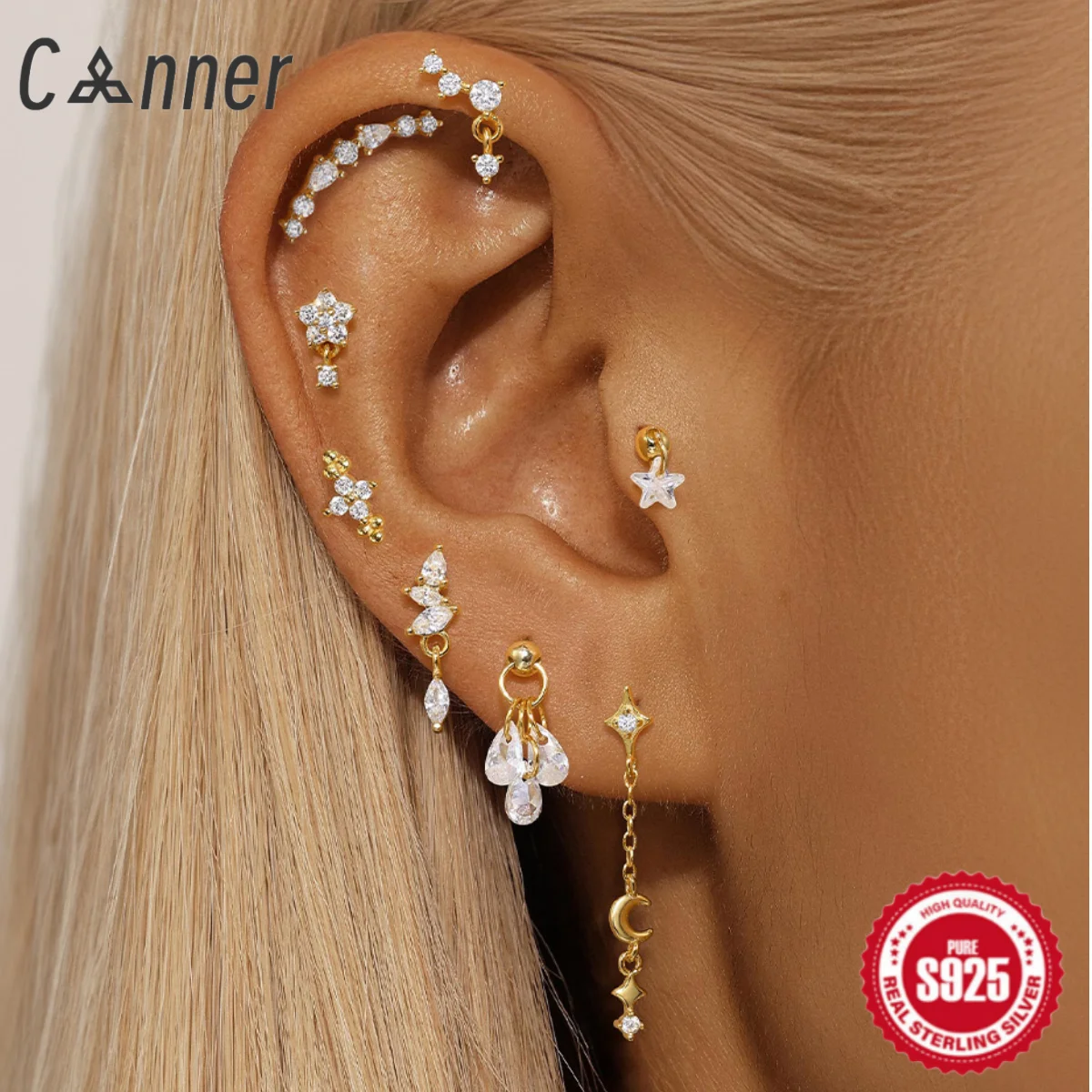 CANNER 1Pc Lotus Zircon Puncture Stud Earrings For Women Cartilage Spiral Earring 925 Silver 18K Gold Ins Fine Jewelry Gifts