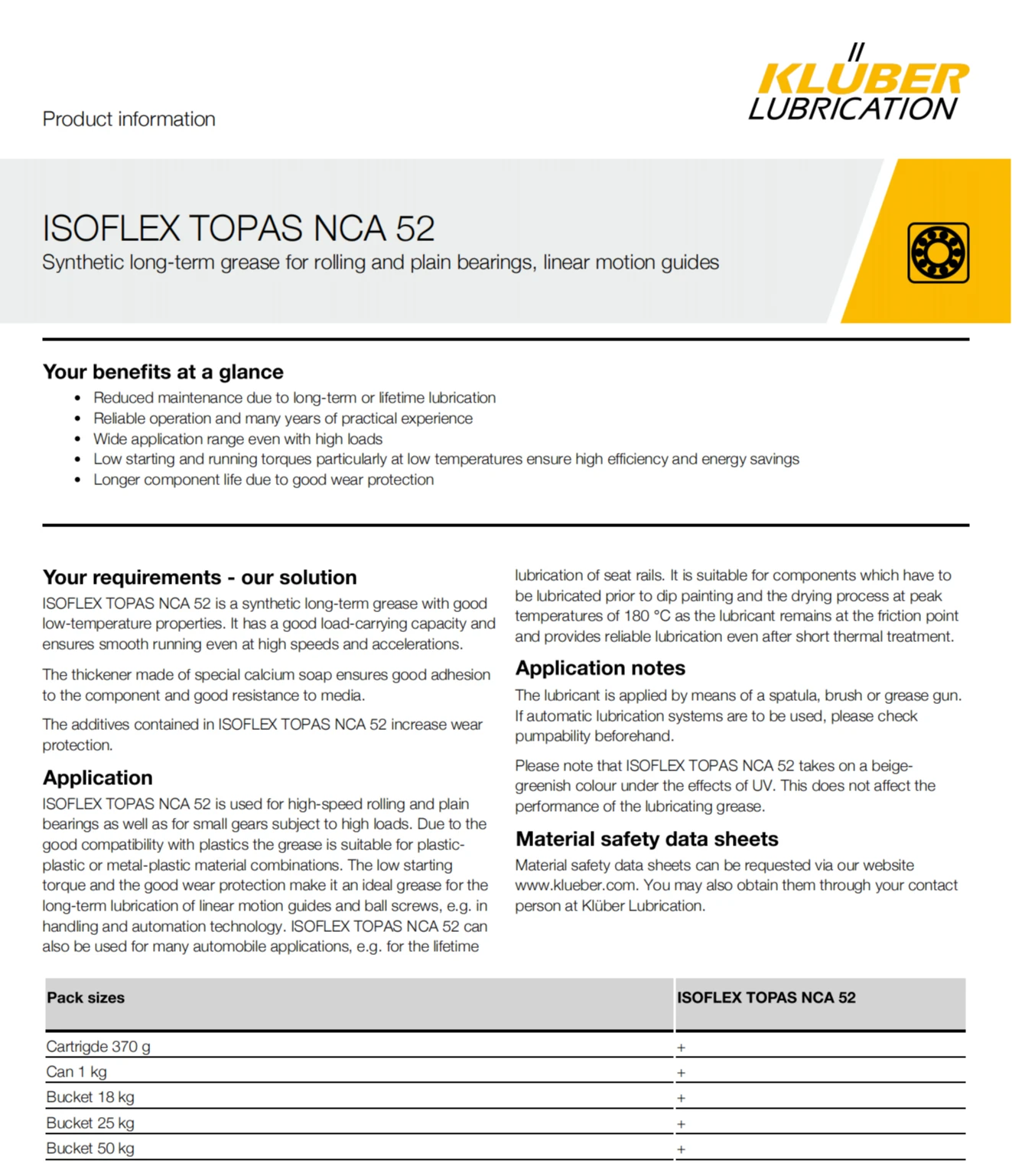 Kluber Lubrication NCA52 ISOFLEX TOPAS NCA 52 Long Life Synthetic Grease with Good Low Temperature Properties