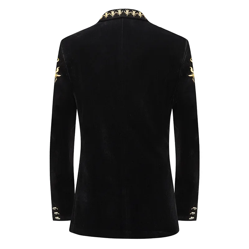 High Quality Men Golden Velvet Embroidered Suit Slim Fit Jacket Fashion Mens Wedding , Prom , Party , Luxury Dress Blazers