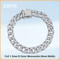 EWYA Full 1.2mm D Color Moissanite Cuban Chain Bracelet For Men Women S925 Silver Pass Diamond Test 8mm Wide Link Bracelets Gift