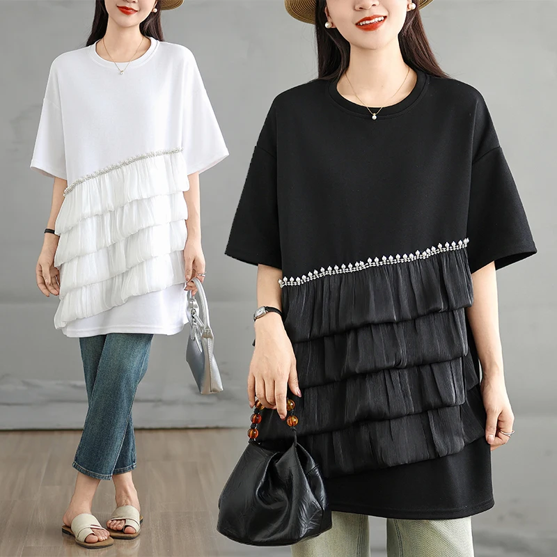 

Summer New plus Size T-irt Svel Mid-Length Heavy-Match Splice Slimming Effect Cotton Blend Comfortable Commute Sle