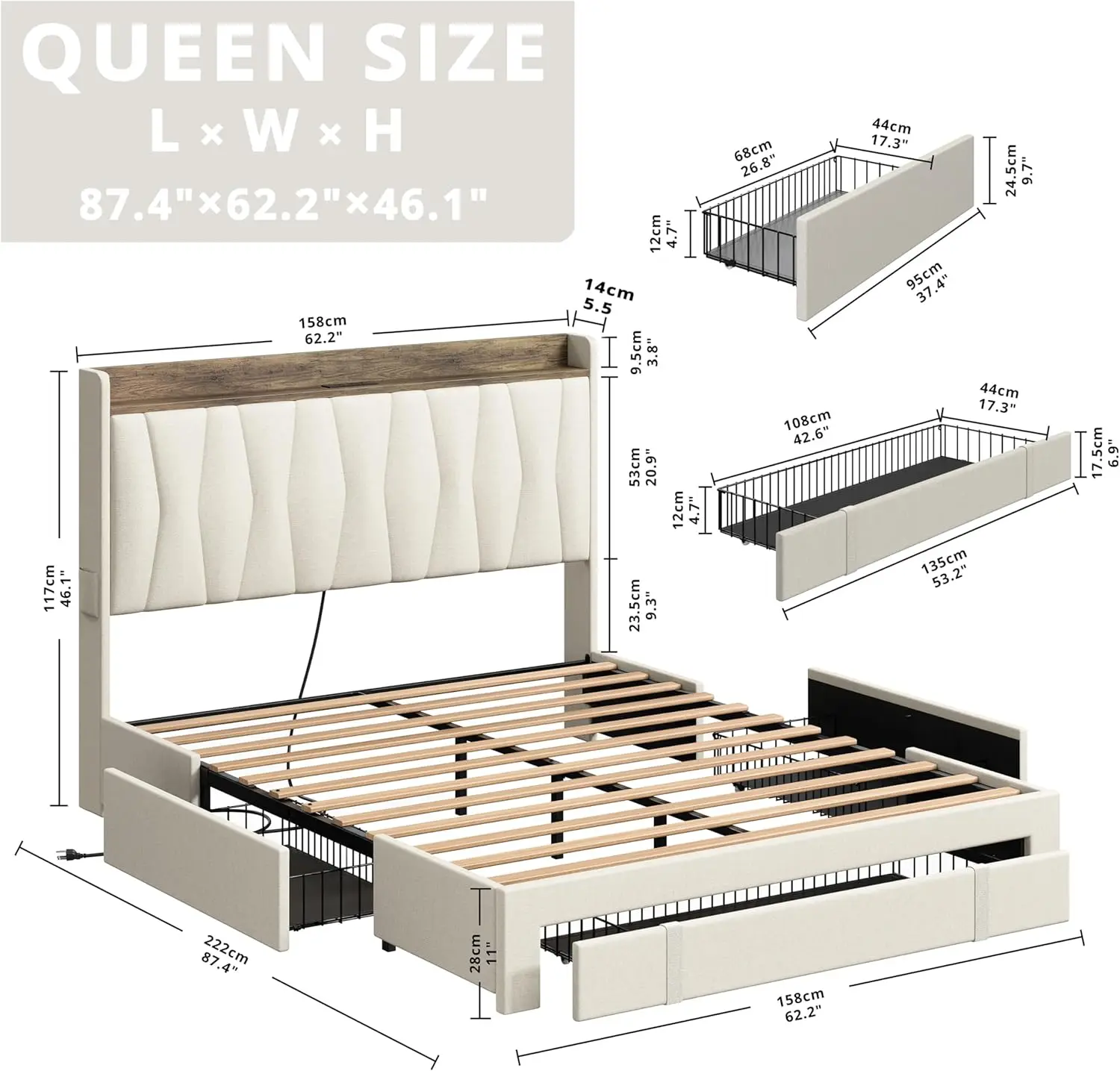 Queen Bed Frame with 3 Drawers, Upholstered Platform Bed with Storage Headboard and Charging Station, No Box Spring Needed, Easy