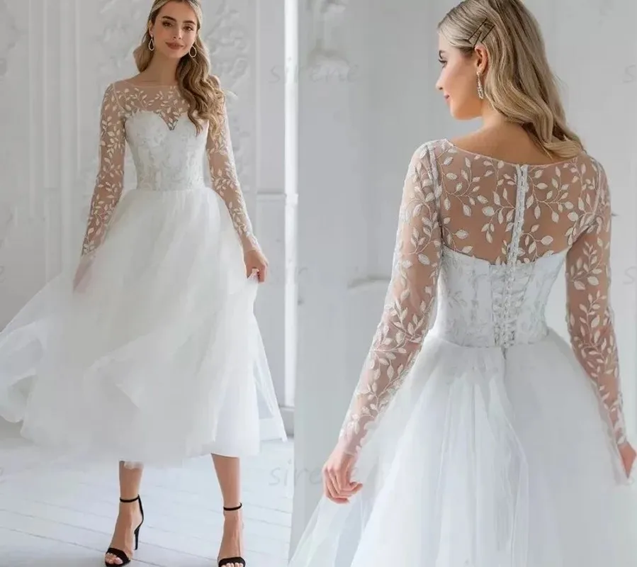 

2025 Modern Short Wedding Dress A-Line O-Neck Long Sleeve Lace Applique Tulle Illusion Bridal Bride Gowns Vestidos De Noiva
