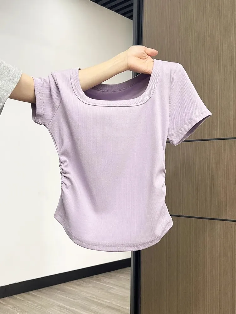 

Новинка: женская футболка с уникальным дизайном, квадратным вырезом, плиссированной талией, в корейском стиле, приталенная, для повседневной носки, летняя